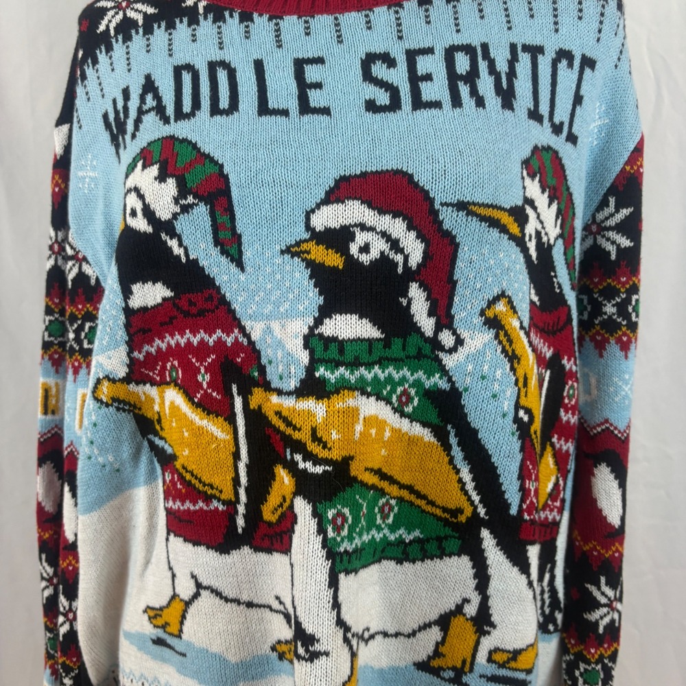 The Ugly Sweater Co Waddle Service Penguin Christmas Sweater XL Blue Red‎ Knit